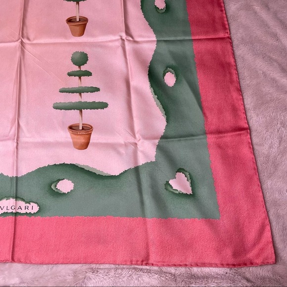 BVLGARI 100% Silk Pink & Green Tree Topiary Print Square Scarf - Picture 3 of 8